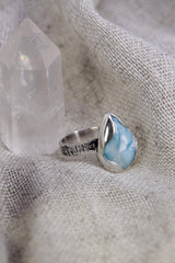 Larimar Adjustable Ring Sterling Silver Teardrop Unisex Size 5-10 Caribbean Gemstone Jewelry Calming Stone Throat Chakra Healing