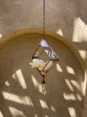 Copper Quartz Hanging Decoration – Geometric Glass Ornament, Raw Crystal Point, Sacred Room Decor