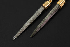 Close view of raw Himalayan Chlorite Quartz earrings showing earthy inclusions, tapered points, and warm gold-plated settings.