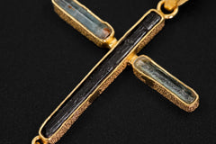Aquamarine Black Tourmaline Clear Quartz Cross Pendant, 18K Gold Plated 925 Silver, Spiritual Protection Necklace, Healing Crystal Jewelry