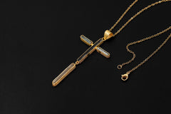 Aquamarine Black Tourmaline Cross Pendant, 18K Gold Plated Silver, Spiritual Necklace