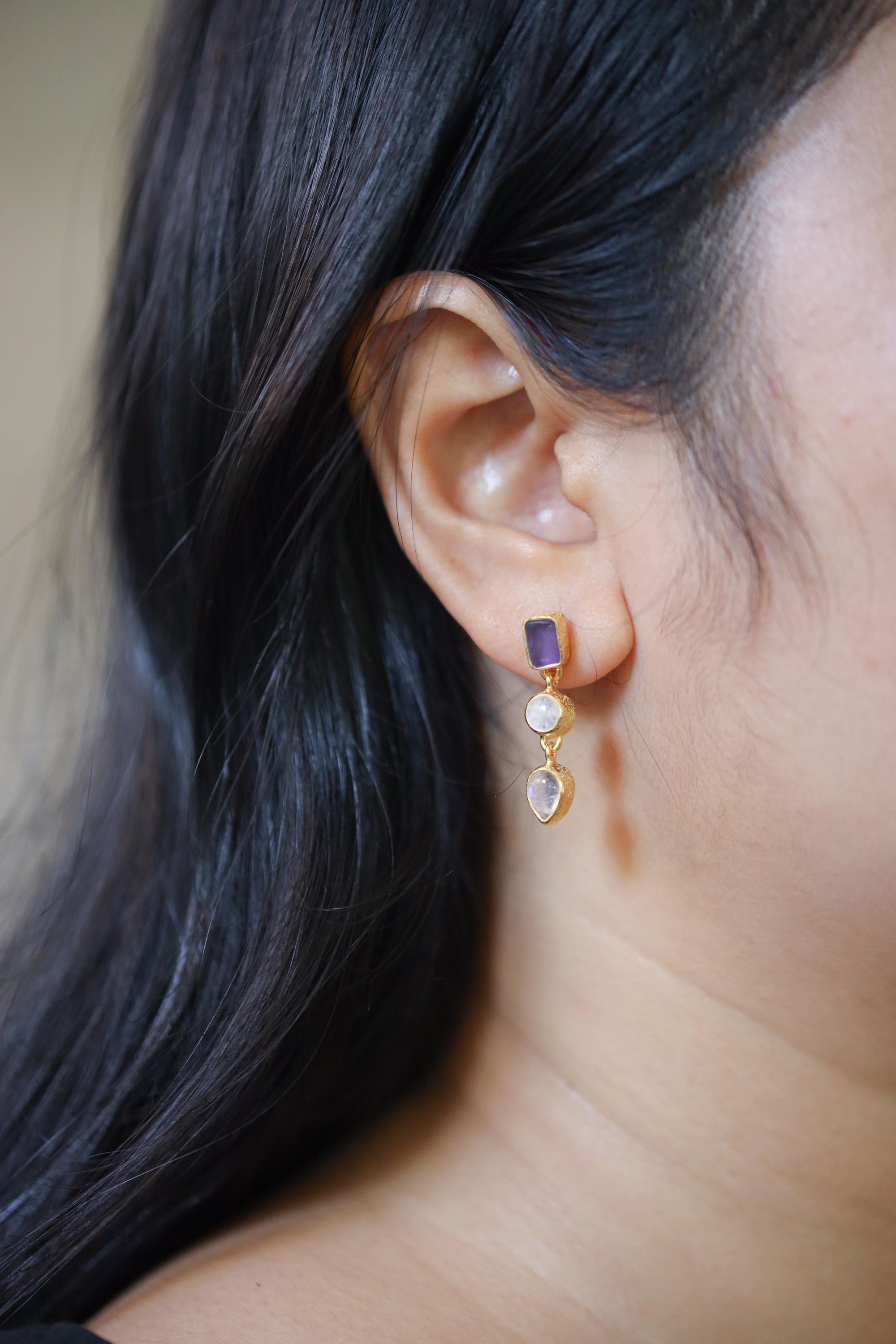 Amethyst & Moonstone Earrings with Sand Textured Sterling Silver Stud, 18K Gold Plated 3 Micron, Intuition and Chakra Healing, Unique Gift