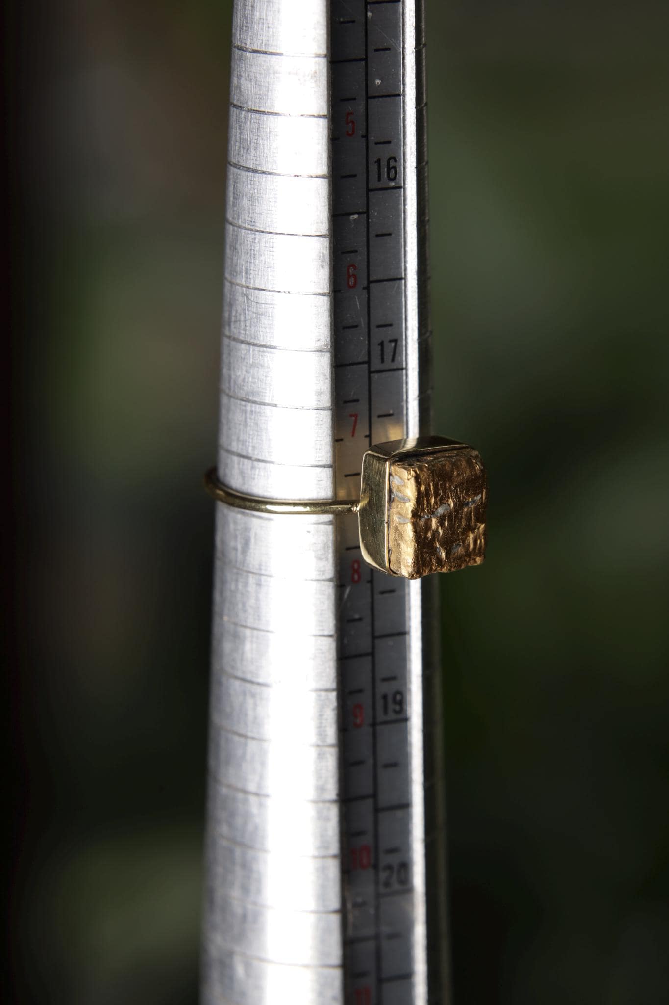 Australian Pyrite cube ring shown on a mandrel for size reference, listed as US size 7.5.