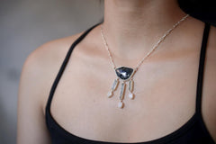 Blue Tourmaline Slice, Raw Aquamarine & Blue Moonstone Necklace, 925 Silver High Shine Finish, Healing Crystal Statement Jewelry