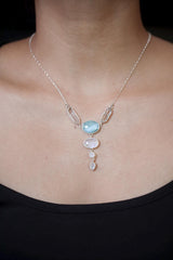 Larimar, Blue Moonstone, and double terminated Clear Quartz Necklace 925 Silver, Box Chain, Organic Texture, Crystal Gift