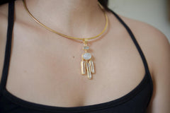 Aquamarine Moonstone Clear Quartz Pendant 18k Gold Plated Silver Tribal Texture Meditation Necklace Gift