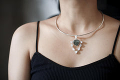 Spiritual Talisman Jewelry, Green Gem Tourmaline Slice, Blue Teardrop Moonstone Pendant, 925 Silver, Polished Organic Texture, Unique Gift