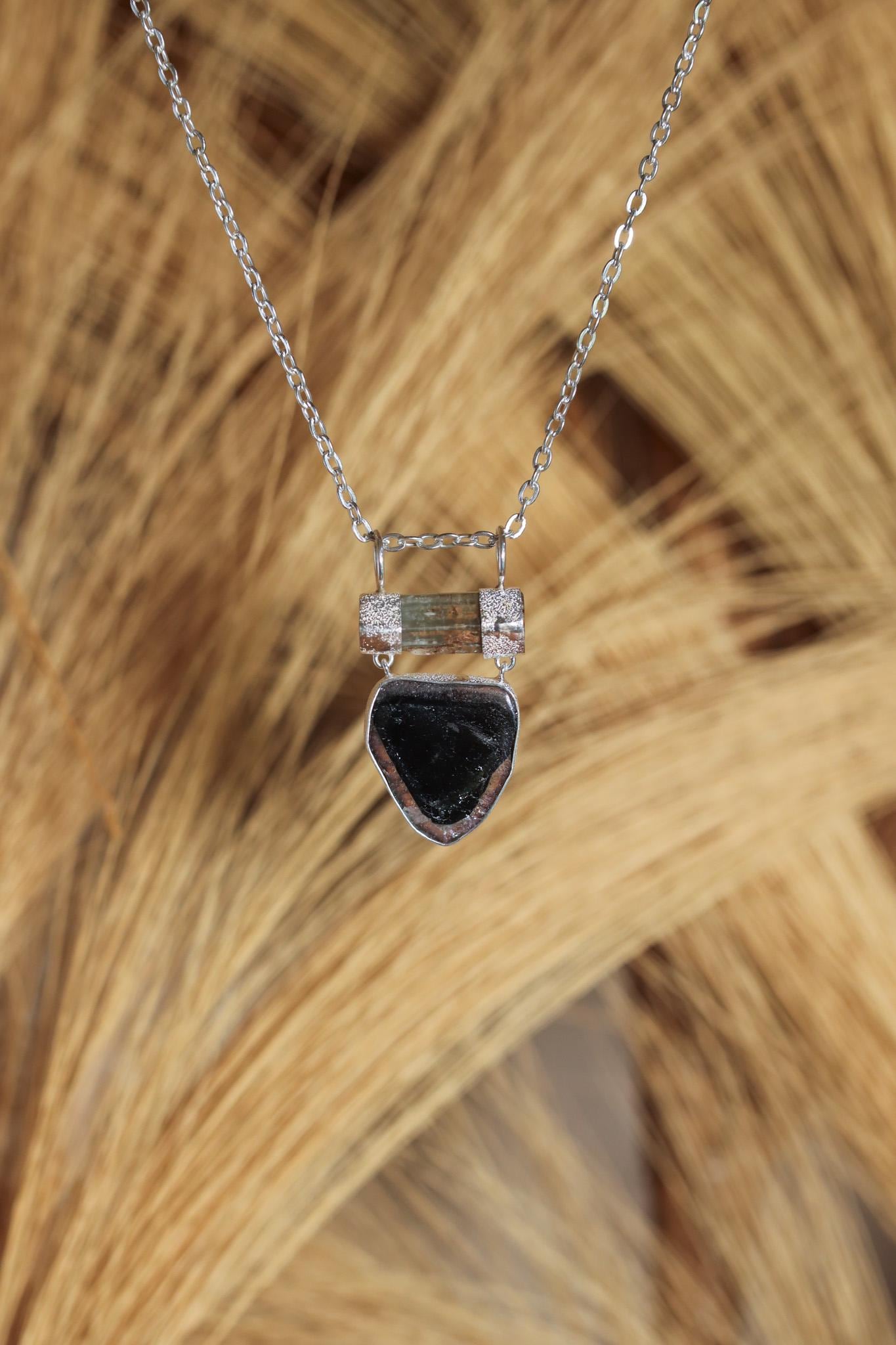 Aquamarine Watermelon Tourmaline Pendant, 925 Silver, Raw Crystal Jewelry, Shield Pendant, Double Bail, High Shine, Boho Gemstone Gift