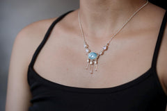 Sleeping Larimar, Blue Moonstone, Clear Quartz Necklace, 925 Silver, Box Chain, Organic Texture, Healing Crystal Jewelry, Throat Chakra Gift