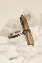 Torrington Smoky Citrine Ring 925 Silver Raw Point Crystal Hammered Oxidized Band Grounding Jewelry US Size 6.5