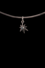 Opal leaf charm shown on a silver choker, with polished sterling silver leaf shape and bezel-set Opal centre.
