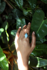 Larimar Eye-Shaped Adjustable Ring, Sterling Silver, Caribbean Gemstone Jewelry, Textured, Unisex Size 5–10, Throat Chakra Healing