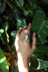 Larimar Eye-Shaped Adjustable Ring, Sterling Silver, Caribbean Gemstone Jewelry, Textured, Unisex Size 5–10, Throat Chakra Healing