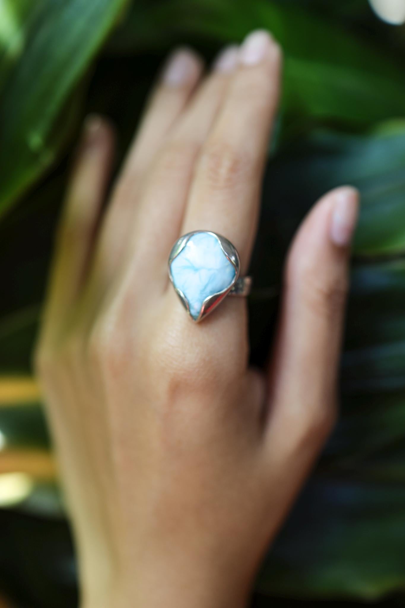 Larimar Ring 925 Sterling Silver Adjustable Teardrop Blue Stone Throat Chakra Pisces Leo Ocean Jewelry Gift