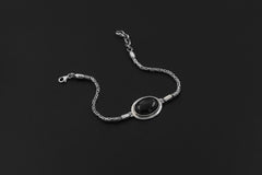 Black Onyx Cabochon Bracelet Sterling Silver, Byzantine Chain, 925 Silver, Oval Gemstone, Adjustable 18–21cm, Chakra Healing Jewelry Gift