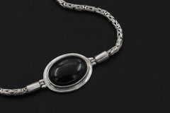 Black Onyx Cabochon Bracelet Sterling Silver, Byzantine Chain, 925 Silver, Oval Gemstone, Adjustable 18–21cm, Chakra Healing Jewelry Gift