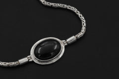 Black Onyx Sterling Silver Bracelet, Byzantine Chain, Adjustable