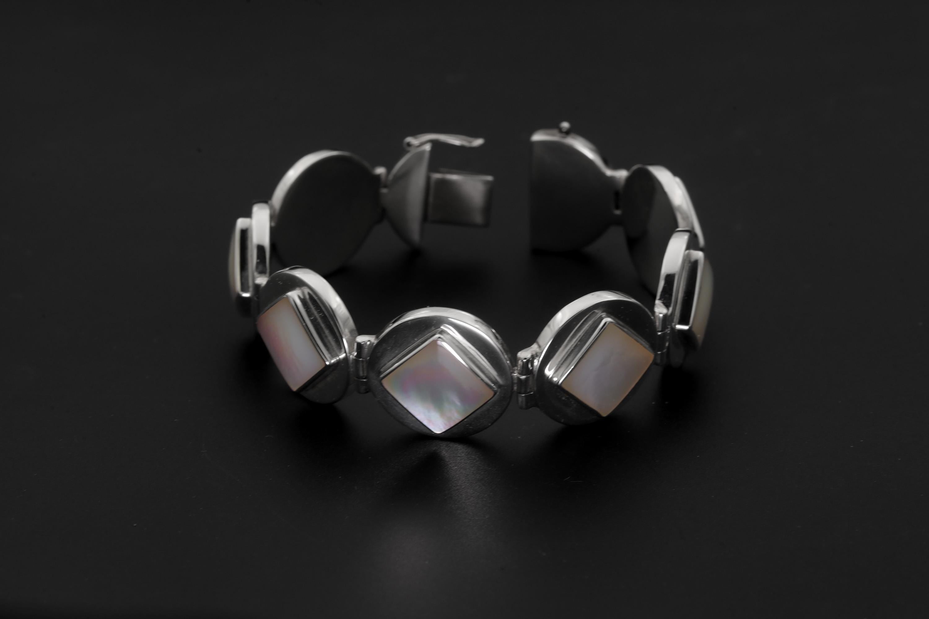 Mother of Pearl Bracelet Geometric 925 Sterling Silver, Ocean Energy Jewelry, Heart Chakra Healing Gift, Handmade Crystal Bracelet