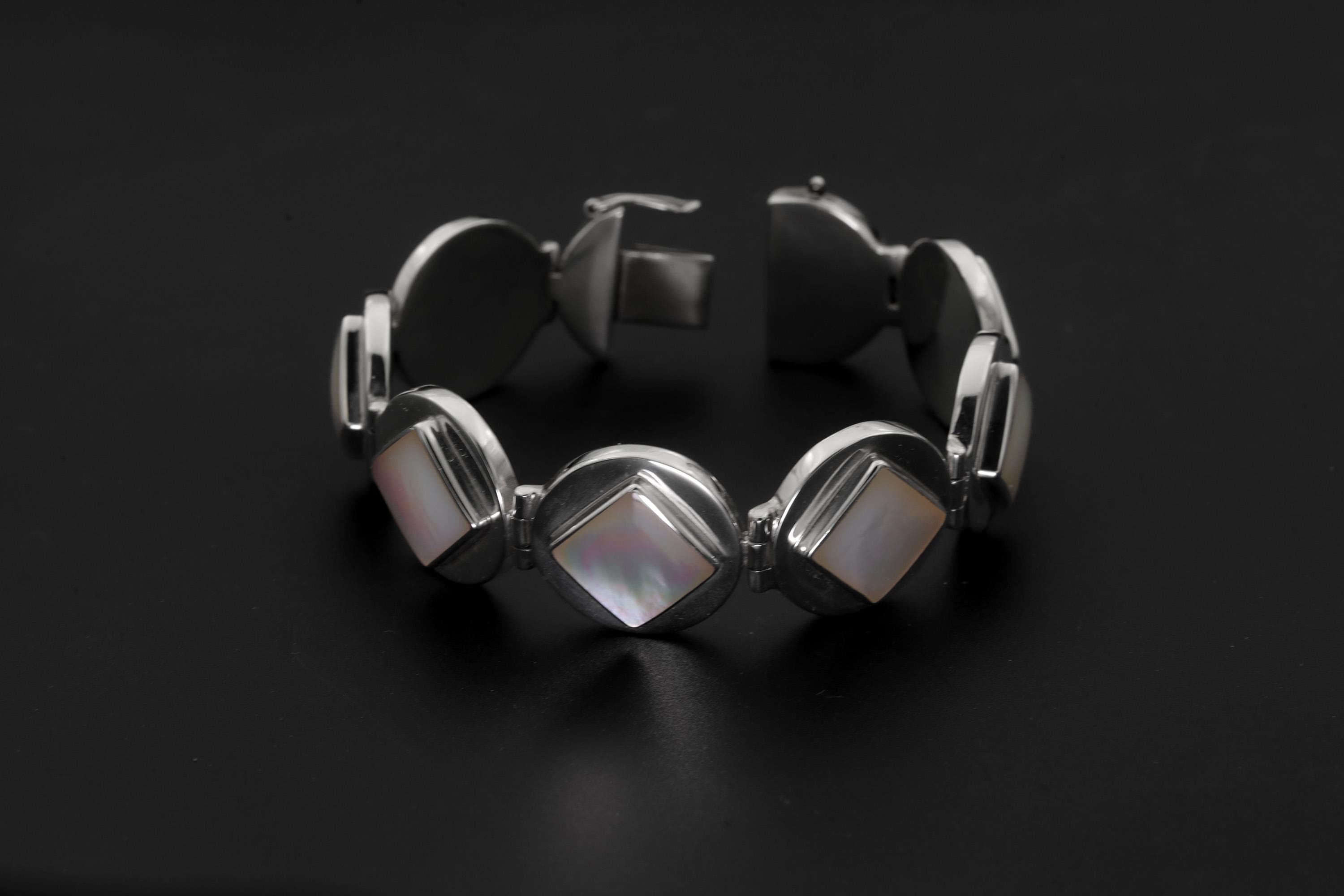 Geometric Mother of Pearl Bracelet, 925 Sterling Silver, Handmade