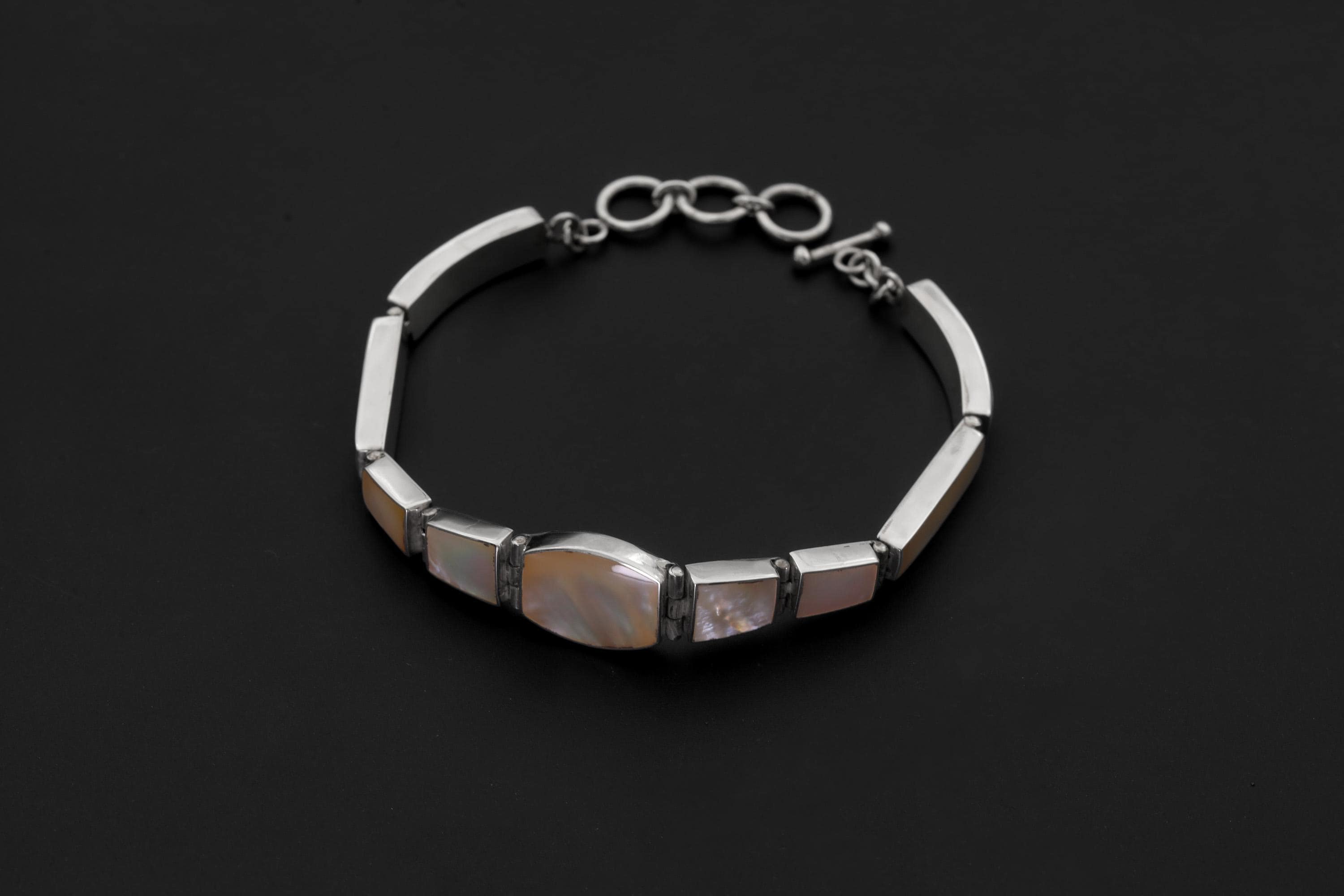 Mother of Pearl Bracelet 925 Silver Graduated Geometric Shell Panels White Iridescent Water Energy Jewelry Gift