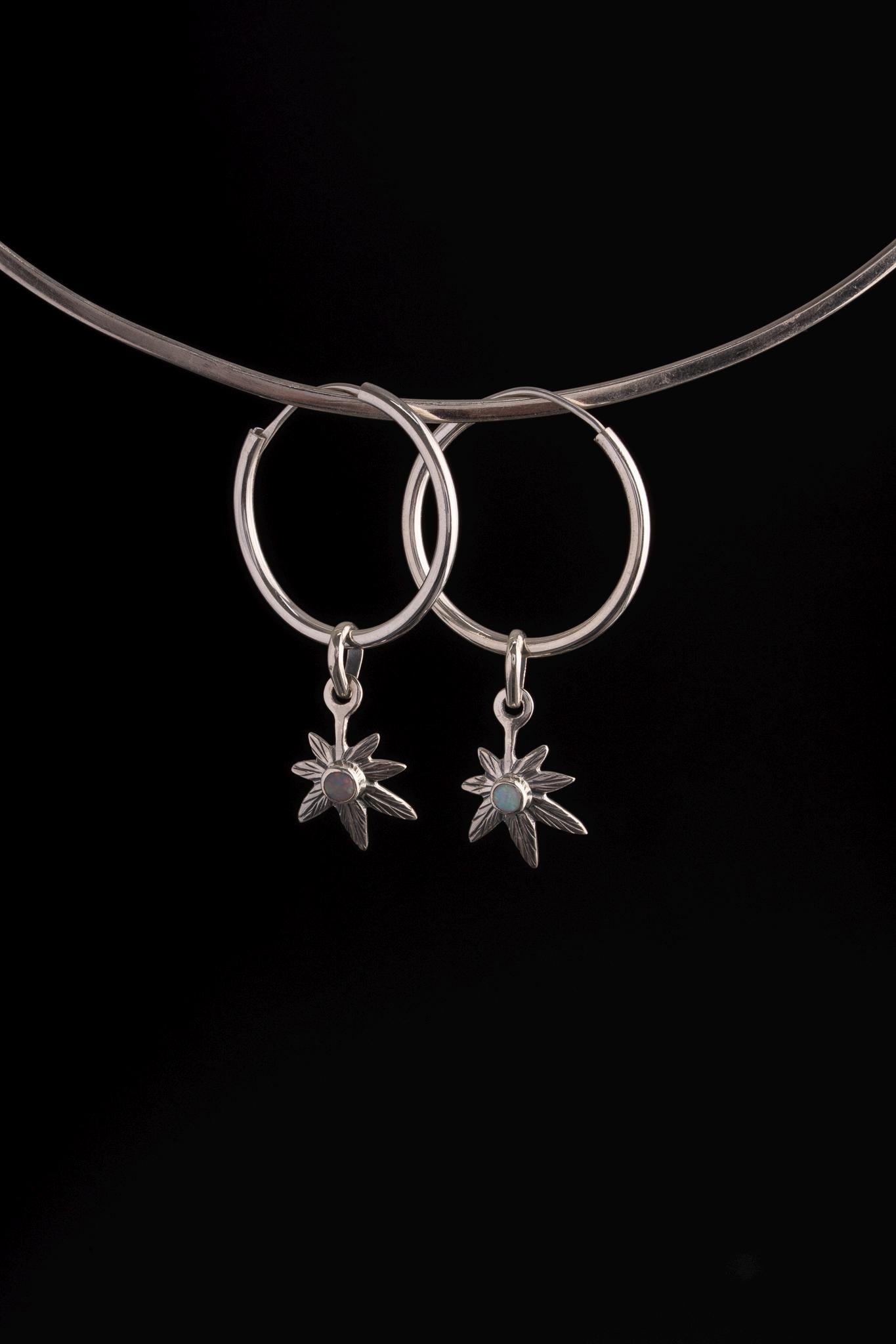 Opal Leaf Whisper Hoops in polished 925 sterling silver displayed on a choker with botanical Opal charms.