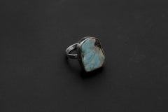 Ocean Larimar Silver Ring 925 Sterling Hammered Texture Band Freeform Blue Stone Unisex Chakra Gift Size 7
