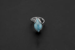 Larimar Eye-Shaped Adjustable Ring, Sterling Silver, Caribbean Gemstone Jewelry, Textured, Unisex Size 5–10, Throat Chakra Healing