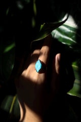 Larimar Eye-Shaped Adjustable Ring, Sterling Silver, Caribbean Gemstone Jewelry, Textured, Unisex Size 5–10, Throat Chakra Healing