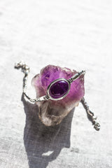 Amethyst Bracelet Sterling Silver, Byzantine Chain 925, Oval Cabochon Gemstone, Adjustable, Crown Chakra Healing Crystal Jewelry Gift
