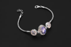 AAA Blue Moonstone Bracelet: 925 Sterling Silver Snake Chain, Adjustable