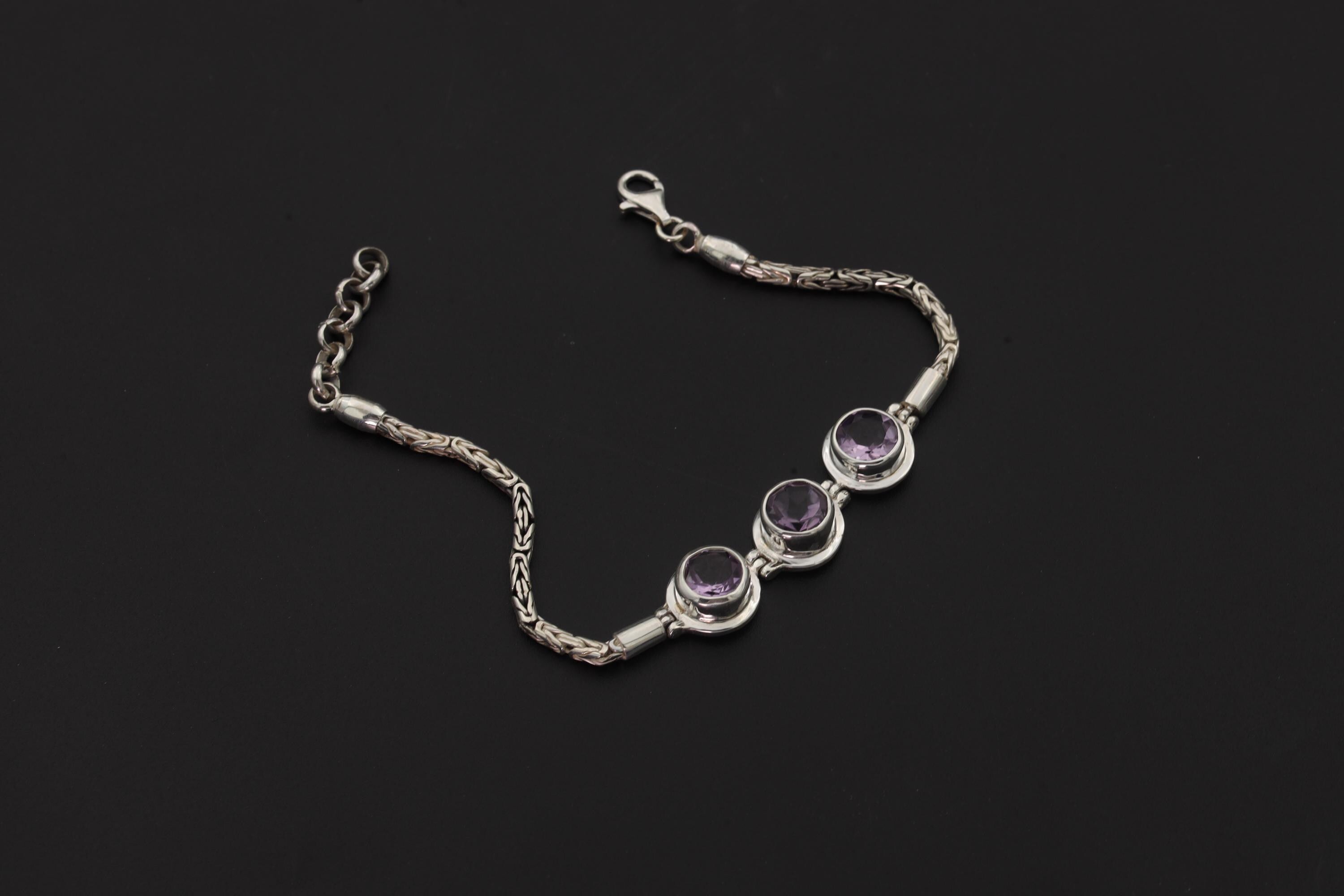 Amethyst Bracelet 925 Sterling Silver Byzantine Chain AAA Faceted Oval Gemstones Crown Chakra Aquarius Pisces Gift