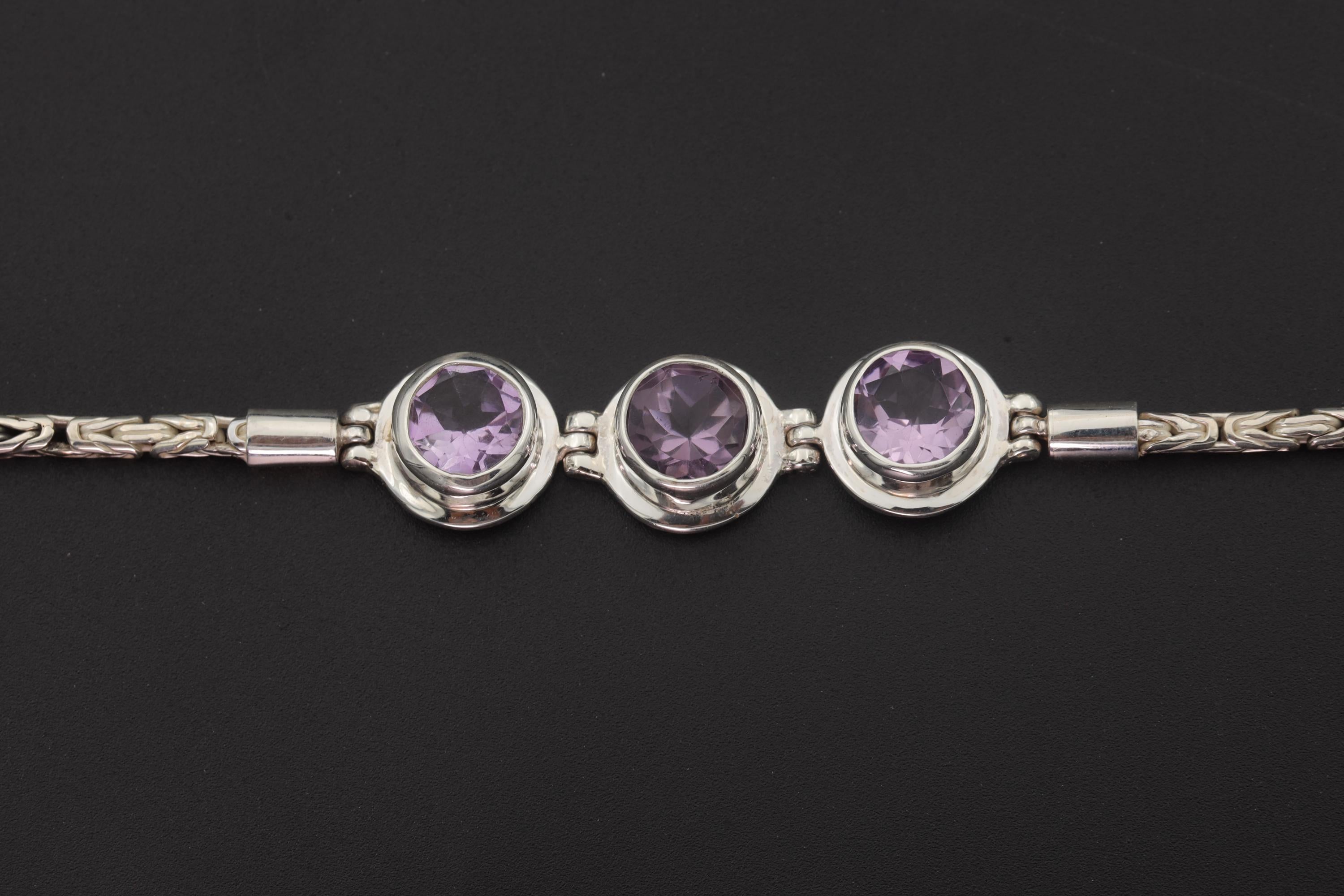 Amethyst Bracelet 925 Sterling Silver Byzantine Chain AAA Faceted Oval Gemstones Crown Chakra Aquarius Pisces Gift
