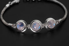High Grade Blue Moonstone Bracelet Sterling Silver, 3 Stone Snake Chain, 925 Silver, Adjustable, Chakra Healing Crystal Gift
