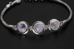 Blue Moonstone Bracelet 925 Sterling Silver Snake Chain Triple Cabochon Adjustable 18-21cm Cancer Chakra Gift