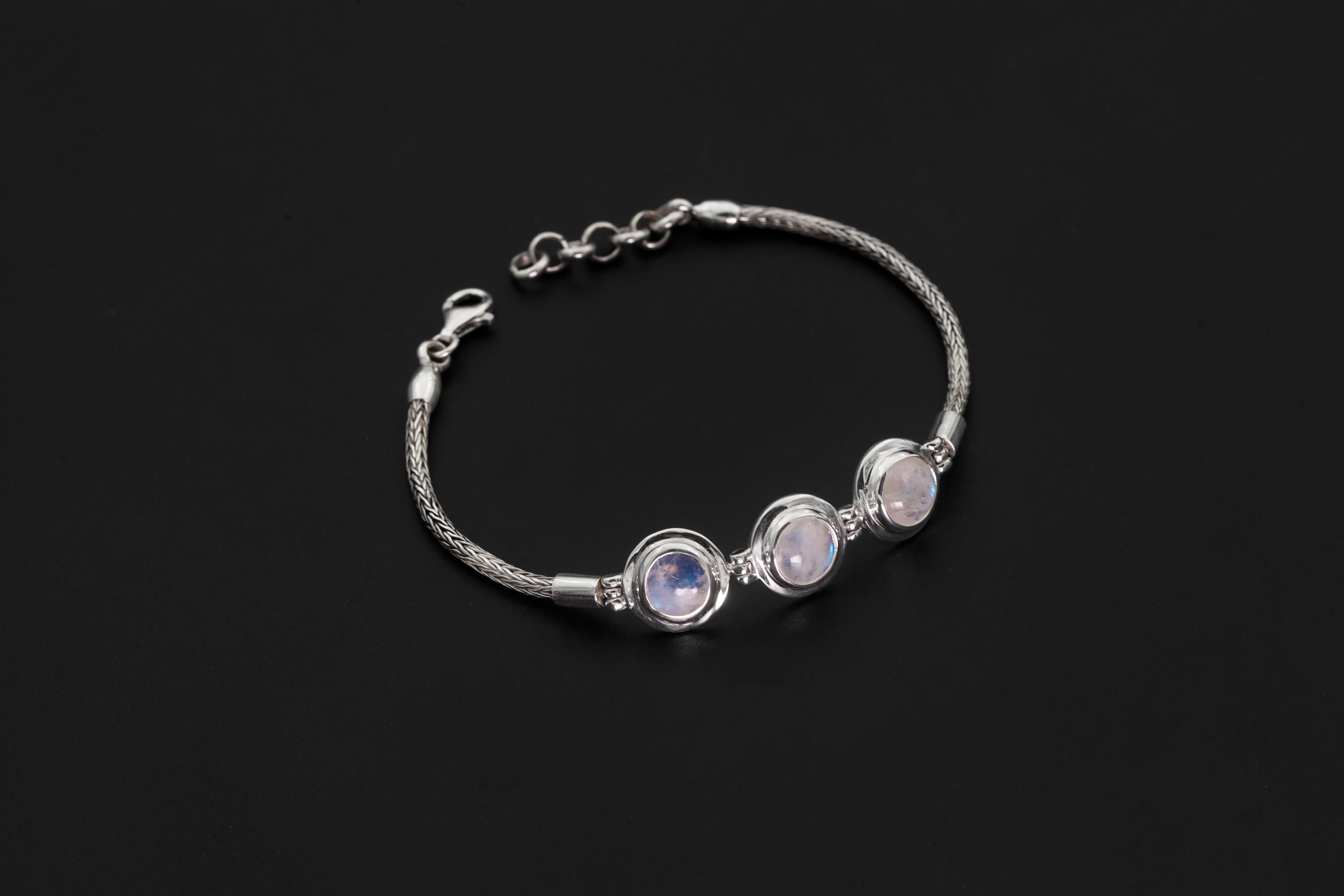 Blue Moonstone Bracelet 925 Sterling Silver Snake Chain Triple Cabochon Adjustable 18-21cm Cancer Chakra Gift
