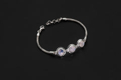 Blue Moonstone Bracelet 925 Sterling Silver Snake Chain Triple Cabochon Adjustable 18-21cm Cancer Chakra Gift
