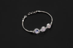 Blue Moonstone Bracelet 925 Sterling Silver Snake Chain Triple Cabochon Adjustable 18-21cm Cancer Chakra Gift
