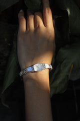 Ocean Energy Mother of Pearl Bracelet, 925 Sterling Silver Adjustable, Moonlight Shell Jewelry Gift, Heart Chakra Healing