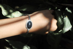 Black Onyx Sterling Silver Bracelet, Byzantine Chain, Adjustable