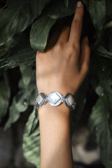 Mother of Pearl Bracelet Geometric 925 Sterling Silver, Ocean Energy Jewelry, Heart Chakra Healing Gift, Handmade Crystal Bracelet