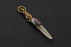 Saraswati Talisman Brass Cast Pendant on black background featuring brass Saraswati figure above Himalayan Singing Lemurian Laser Quartz point and raw gem Pink Tourmaline Rubellite wand set in oxidized 925 silver bezel.