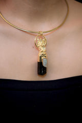 Lord Ganesha Aquamarine Black Tourmaline Pendant, Gold Plated Sterling Silver