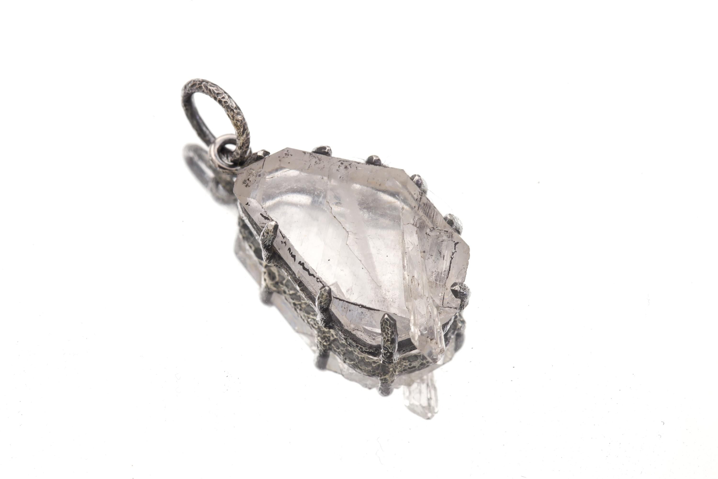Faden Quartz Pendant: Raw Crystal, Hammered Sterling Silver