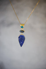 Apatite Labradorite Lapis Lazuli Pendant 18K Gold Plated 925 Silver, Brushed Textured Statement Crystal Jewelry, Blue Chakra Healing Gift