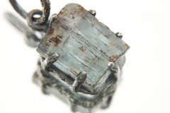 Raw Aquamarine Wand Pendant, Sterling Silver, Oxidized Texture