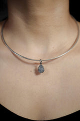 Dark Blue Aquamarine Pendant shown worn on silver choker with compact oxidized sterling silver setting.