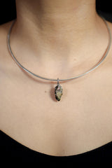 Polished Watermelon Tourmaline Wand Pendant shown worn on black background with compact silver setting.