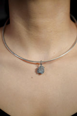 Raw Aquamarine Chunk Pendant, Oxidized Sterling Silver, Hammered Texture