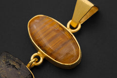 Golden Rutile & Dravite Brown Tourmaline Pendant, 18K Gold Plated 925 Silver, Brushed Textured Talisman, Chakra Energy, Handmade Jewelry