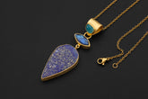 Apatite Labradorite Lapis Lazuli Pendant 18K Gold Plated 925 Silver, Brushed Textured Statement Crystal Jewelry, Blue Chakra Healing Gift